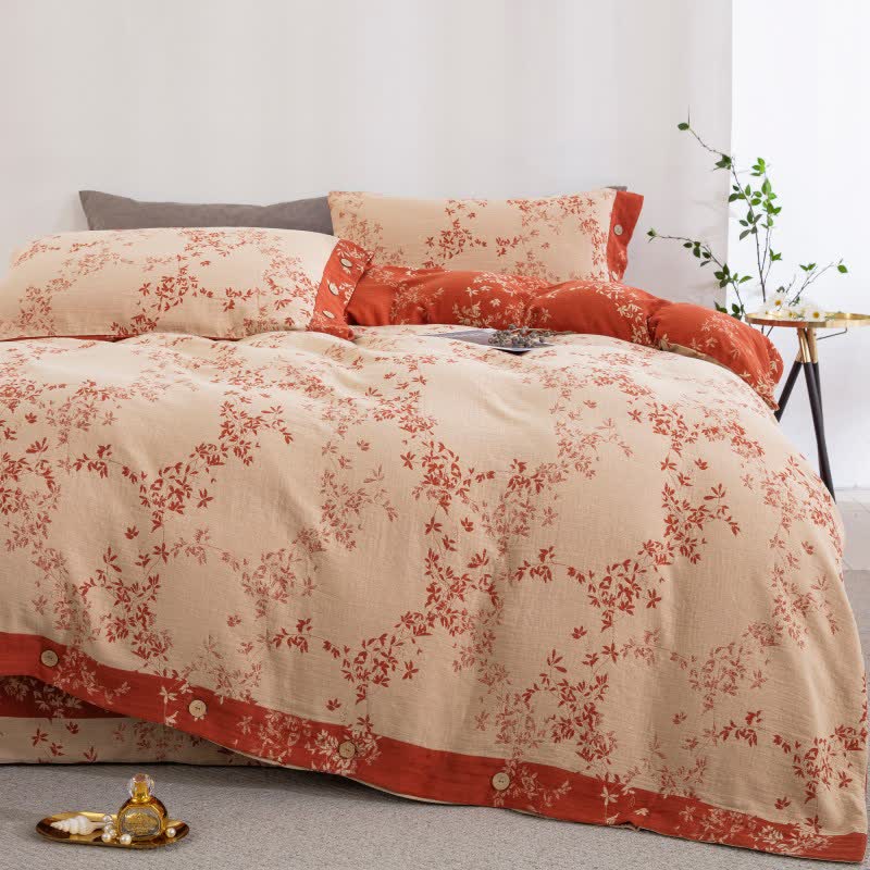 Ownkoti Country Leaf Cotton Gauze Bedding Set(4PCS) - Apricot & Orange - King - image 0