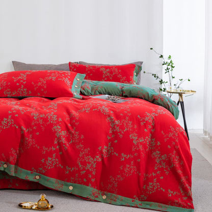 Ownkoti Country Leaf Cotton Gauze Bedding Set(4PCS) - Red & Green - King - image 0