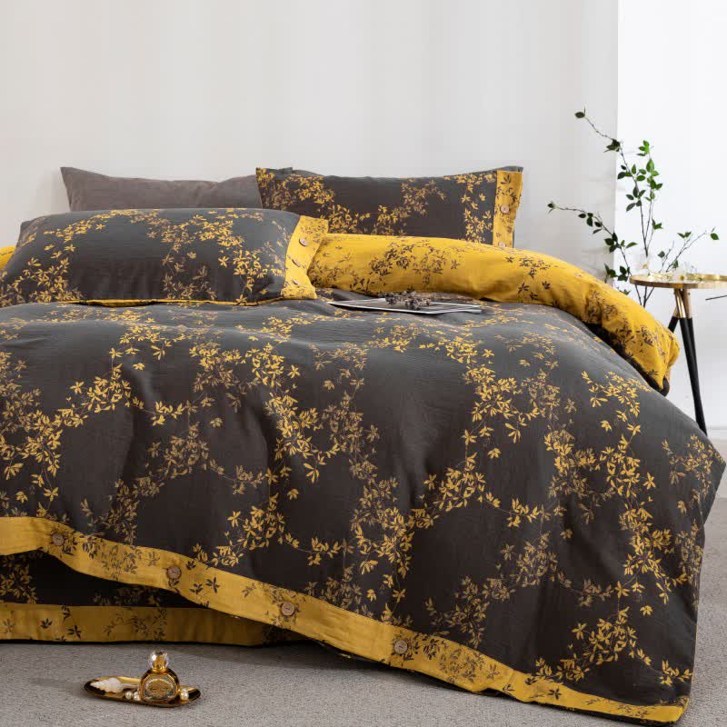 Ownkoti Country Leaf Cotton Gauze Bedding Set(4PCS) - Dark Gray & Yellow - King - image 13