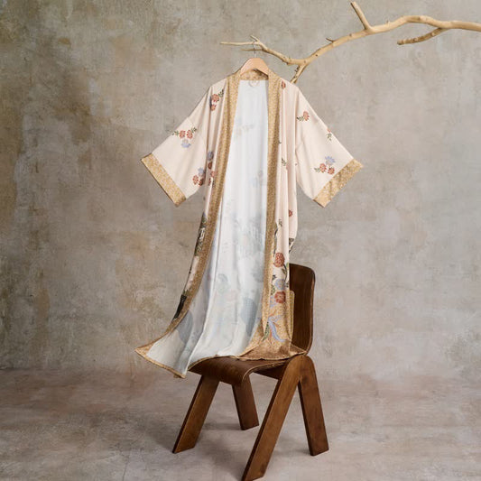 Ownkoti Oriental Floral Bird Kimono Style Bathrobe - Beige - One Size - image 0
