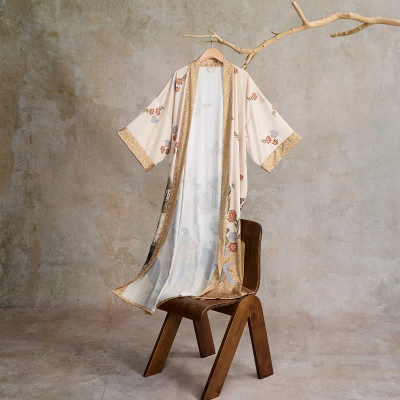 Ownkoti Oriental Floral Bird Kimono Style Bathrobe - Beige - One Size - image 0