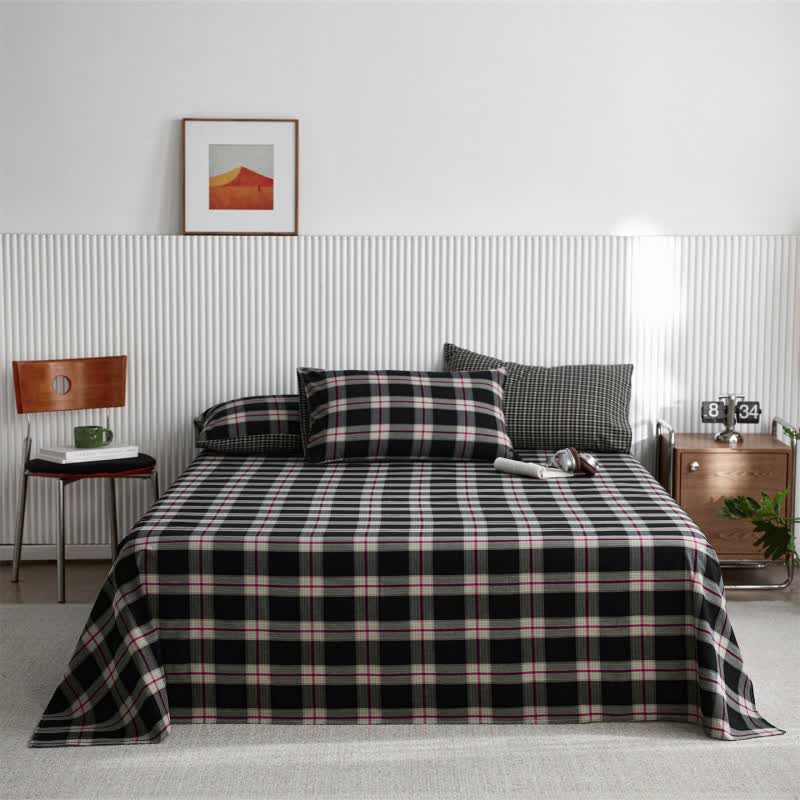 Ownkoti Classic Big Plaid Cotton Sheet Bedspread - Black - Bedspread with 2PCS Pillowcases - King - image 0