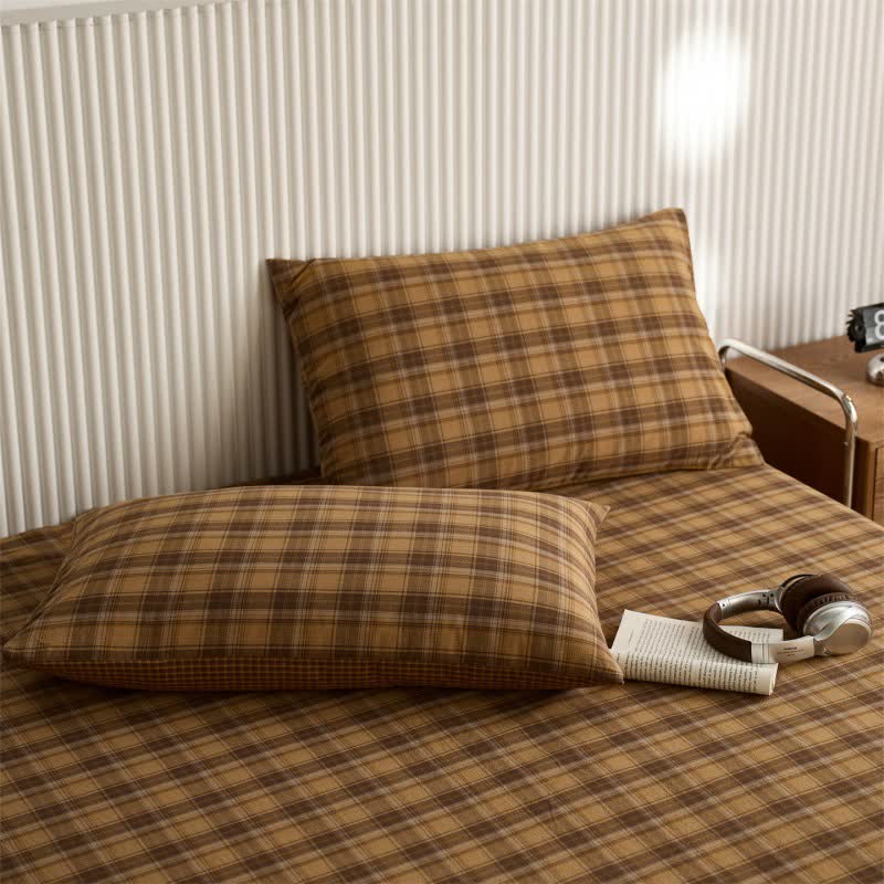 Ownkoti Classic Vintage Plaid Cotton Sheet Bedspread - Yellow - 2PCS Pillowcases - 19" x 29" - image 3