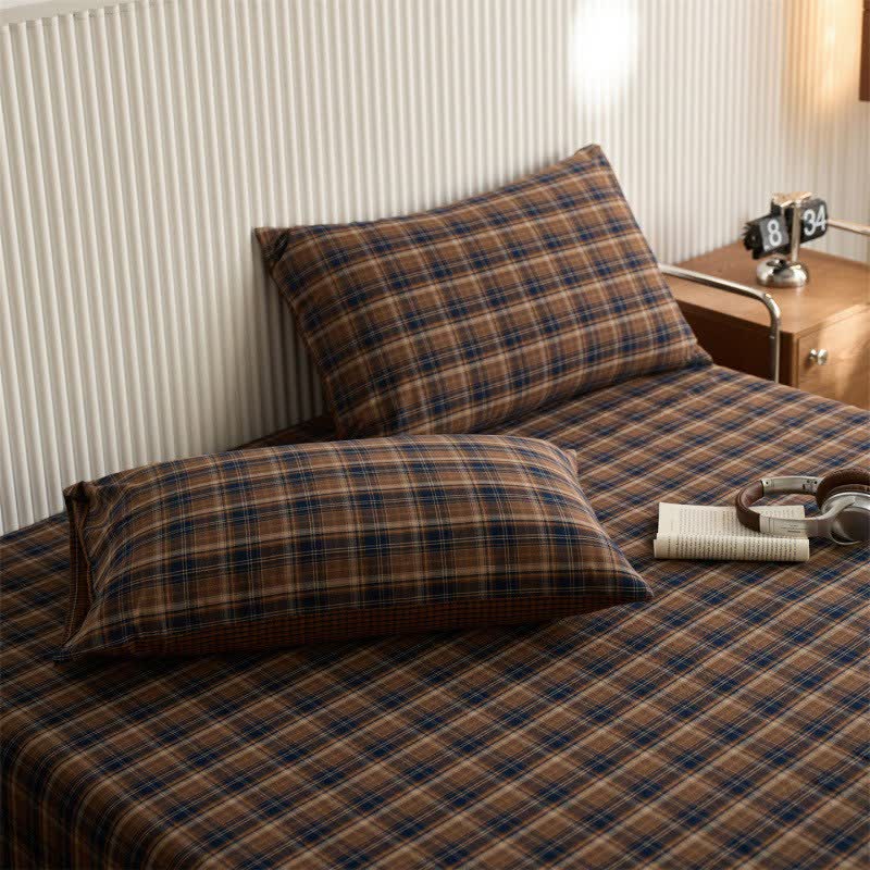 Ownkoti Classic Vintage Plaid Cotton Sheet Bedspread - Navy Blue & Brown - 2PCS Pillowcases - 19" x 29" - image 7