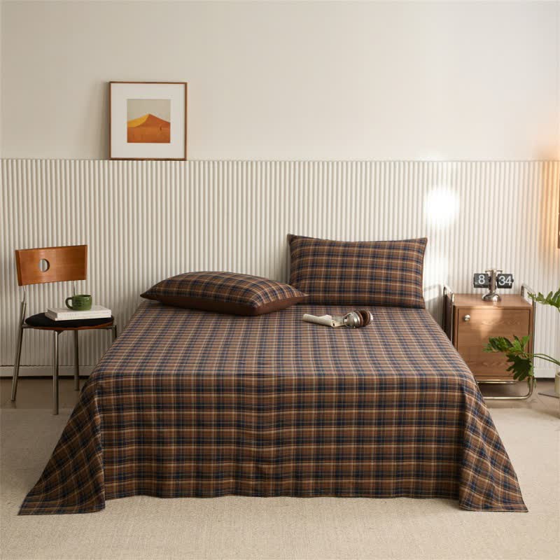 Ownkoti Classic Vintage Plaid Cotton Sheet Bedspread - Navy Blue & Brown - Bedspread with 2PCS Pillowcases - King - image 6