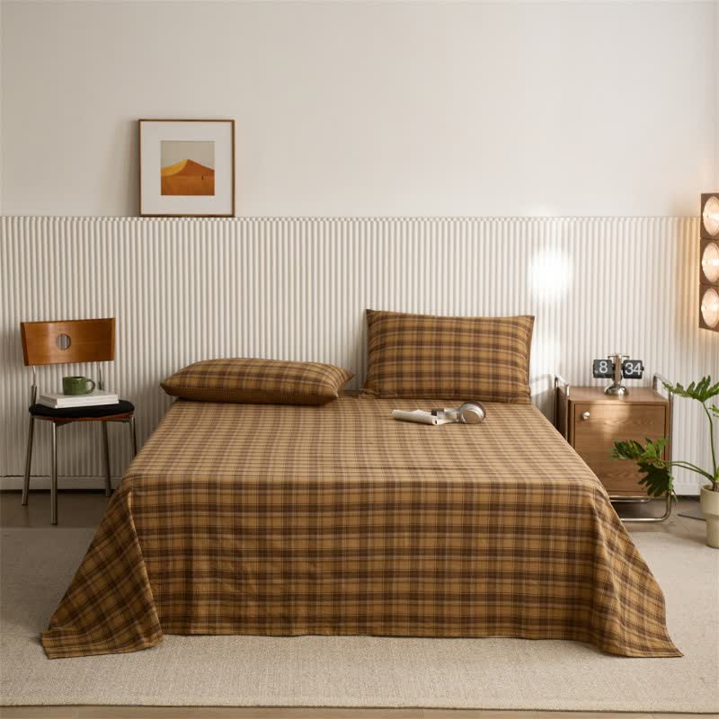 Ownkoti Classic Vintage Plaid Cotton Sheet Bedspread - Yellow - Bedspread with 2PCS Pillowcases - King - image 2