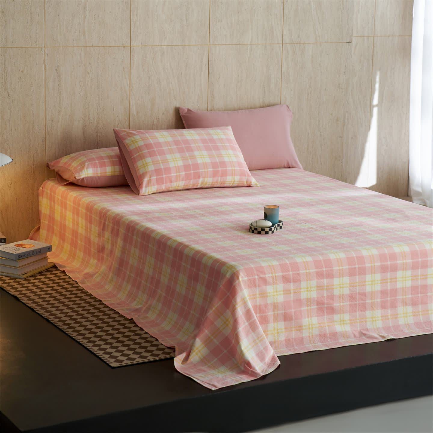 Ownkoti Fresh Gingham Pure Cotton Sheet Bedspread - Pink - 2PCS Pillowcases - 19" x 29" - image 1