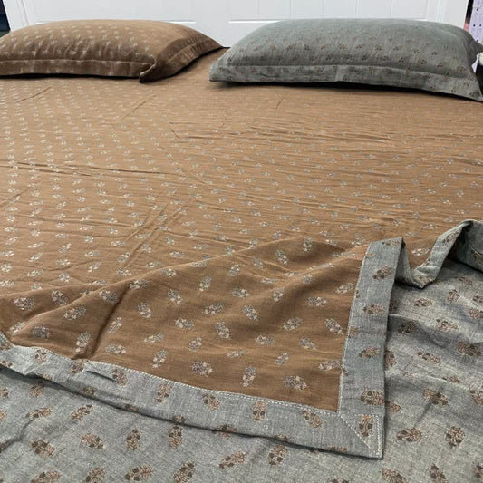 Ownkoti Retro Floral Cotton Reversible Sheet Bedspread - Coffee & Grey - 2PCS Pillowcases - 19" x 29" - image 0