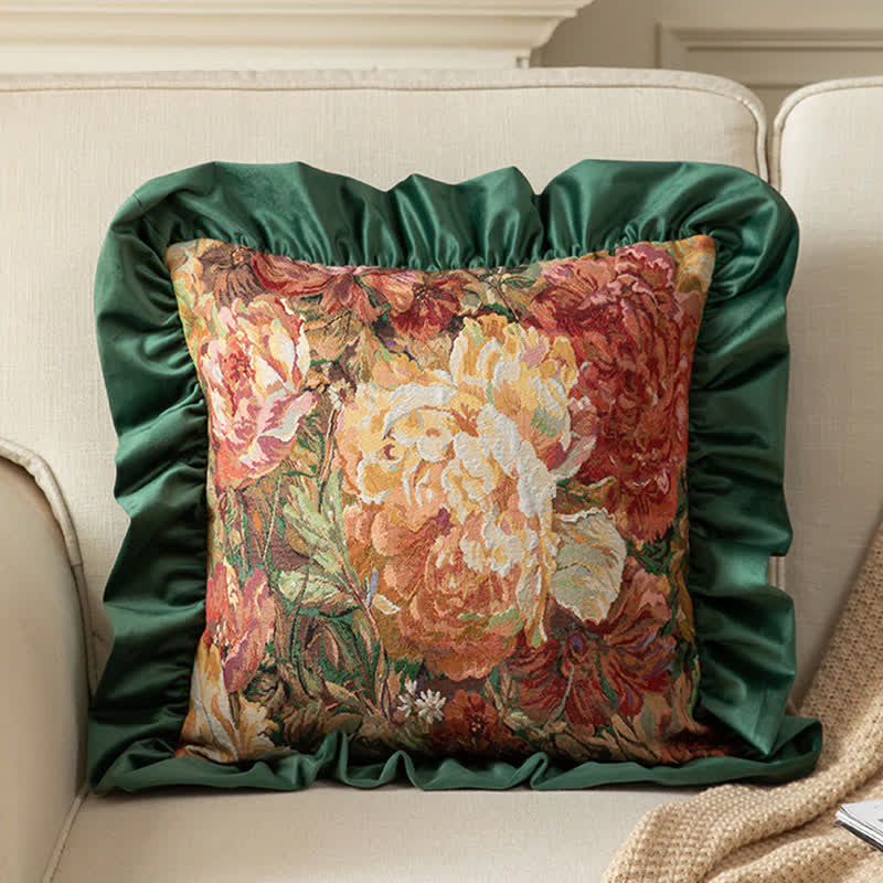 Ownkoti Oil Painting Peony Ruffled Throw Pillow - Green - Pillowcase - 19" x 19" - image 4