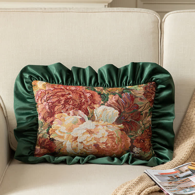 Ownkoti Oil Painting Peony Ruffled Throw Pillow - Green - Pillowcase - 12" x 19" - image 5