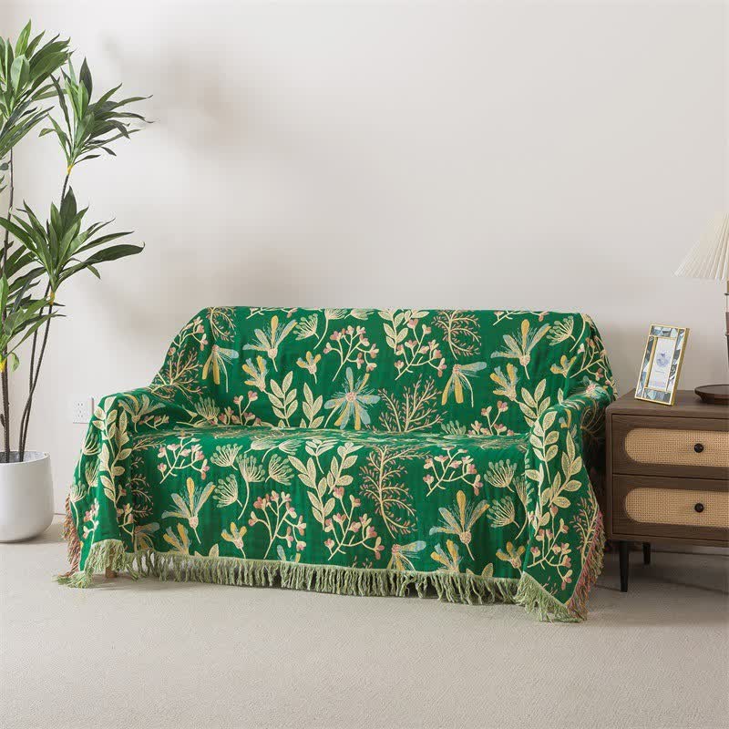 Ownkoti Botanical Green Leaf Cotton Tassel Blanket - 90"W x 98"L - image 0