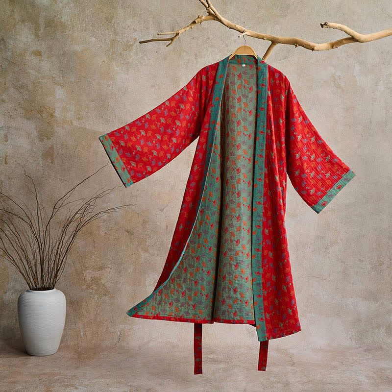 Ownkoti Two-Tone Ginkgo Cotton Kimono Robe - Red & Green - 2XL - image 5