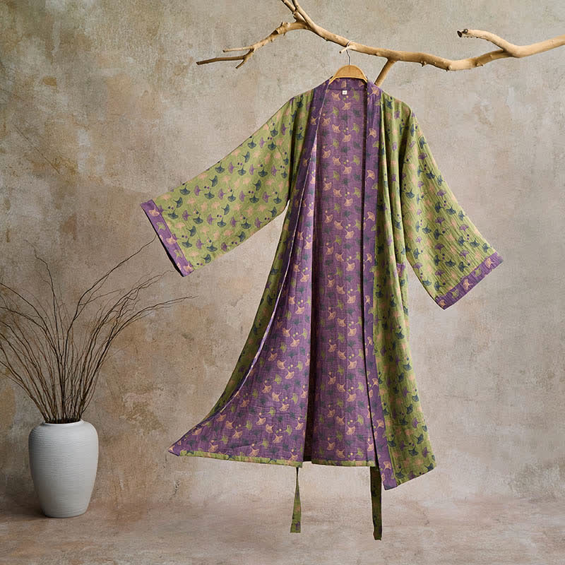 Ownkoti Two-Tone Ginkgo Cotton Kimono Robe - Green & Purple - 2XL - image 30