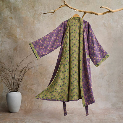 Ownkoti Two-Tone Ginkgo Cotton Kimono Robe - Purple  &  Green - 2XL - image 24