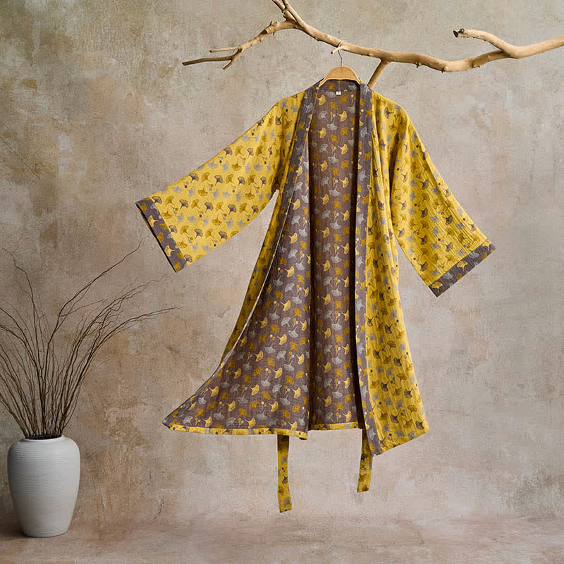 Ownkoti Two-Tone Ginkgo Cotton Kimono Robe - Yellow & Grey - 2XL - image 0