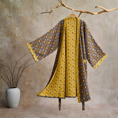 Ownkoti Two-Tone Ginkgo Cotton Kimono Robe - Grey & Yellow - 2XL - image 2