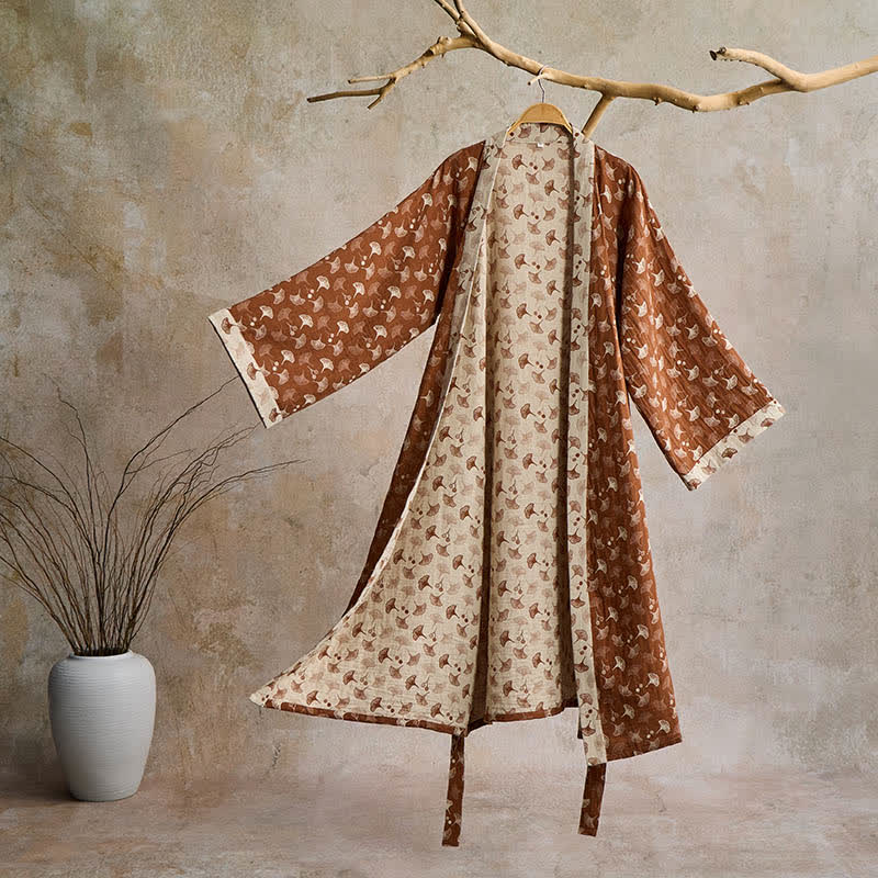 Ownkoti Two-Tone Ginkgo Cotton Kimono Robe - Coffee & Beige - XL - image 28
