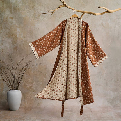 Ownkoti Two-Tone Ginkgo Cotton Kimono Robe - Coffee & Beige - XL - image 28