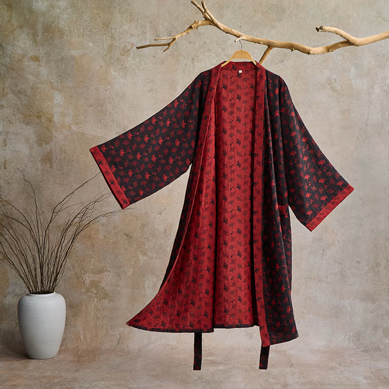Ownkoti Two-Tone Ginkgo Cotton Gauze Kimono Robe - Black & Red - 2XL - image 17