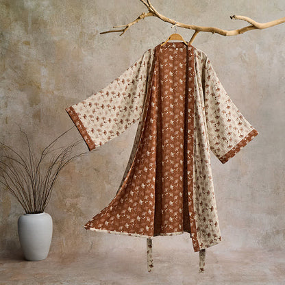 Ownkoti Two-Tone Ginkgo Cotton Gauze Kimono Robe - Beige & Coffee - XL - image 32