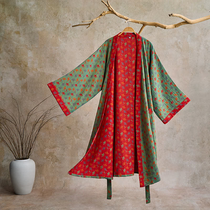 Ownkoti Two-Tone Ginkgo Cotton Kimono Robe - Green & Red - 2XL - image 26