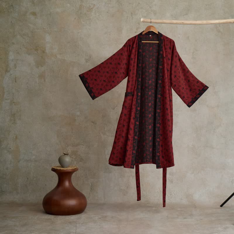 Ownkoti Two-Tone Ginkgo Cotton Gauze Kimono Robe - Red & Black - 2XL - image 22