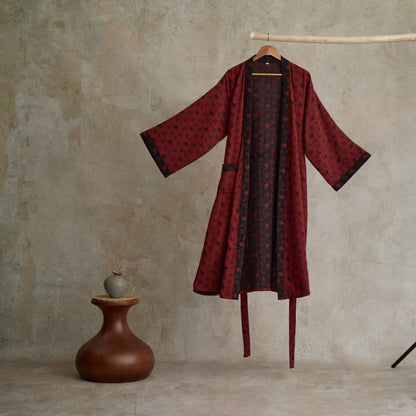 Ownkoti Two-Tone Ginkgo Cotton Gauze Kimono Robe - Red & Black - 2XL - image 22