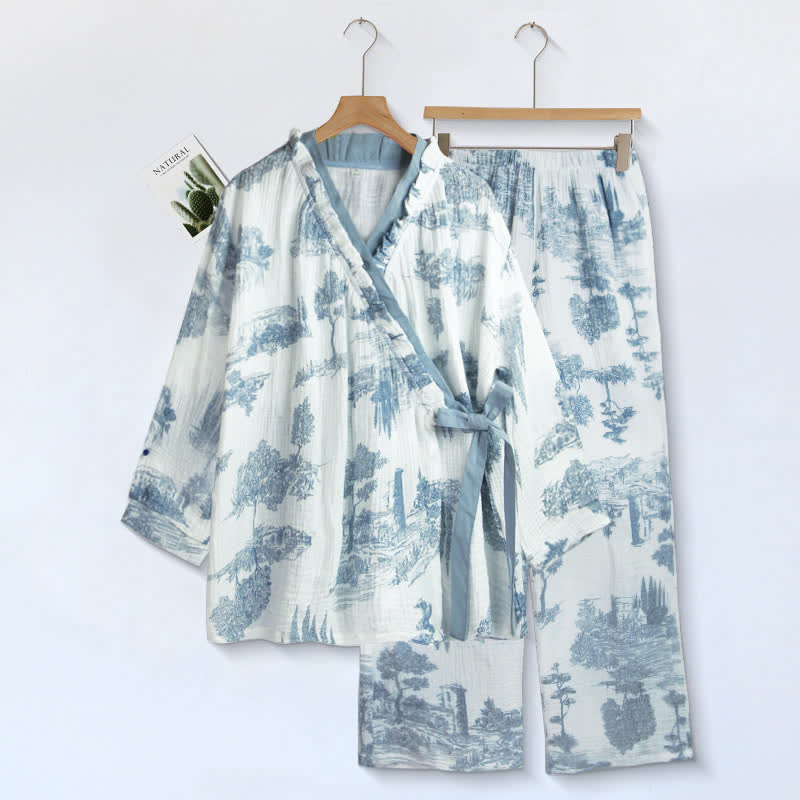 Ownkoti Ruffled Neck Landscape Loungewear Set - Cyan - XL - image 0