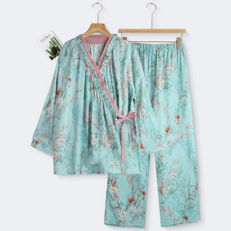 Ownkoti Ruffled Neck Oriental Floral Cotton Loungewear - Cyan - XL - image 0