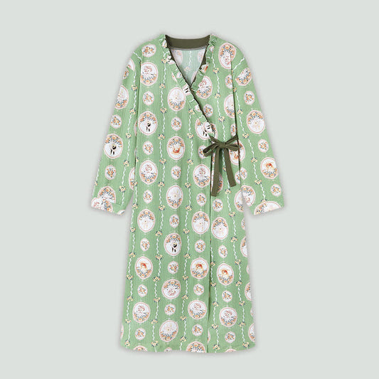 Ownkoti Medallion Floral Kimono Style Ruffled Nightgown - Green - 4XL - image 0