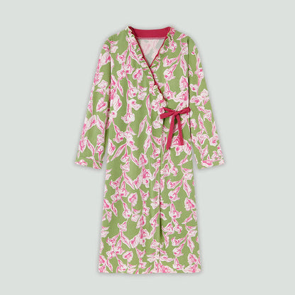 Ownkoti Artistic Floral Kimono Style Ruffled Nightgown - Green - 4XL - image 0