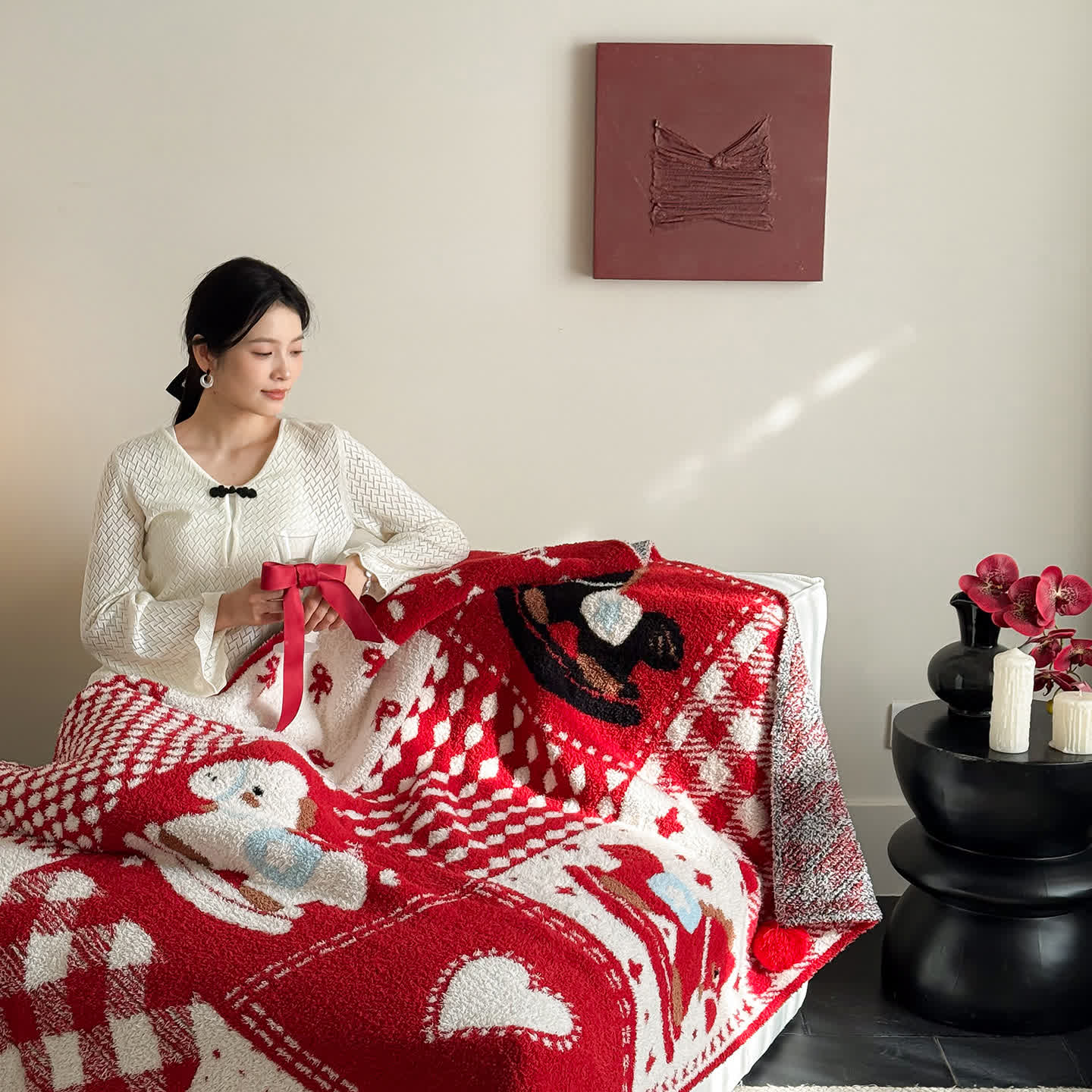 Ownkoti Festive Red & White Patchwork Throw Blanket  - image 2