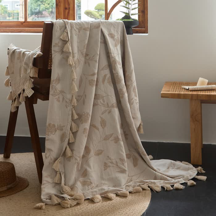 Ownkoti Floral Leaf Jacquard Cotton Linen Blanket - 47"W x 67"L - image 0