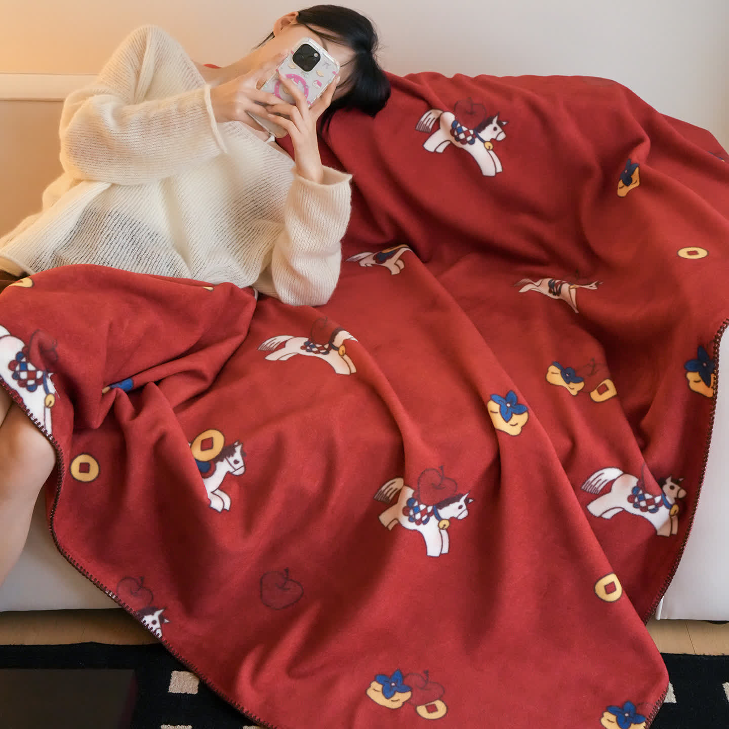 Ownkoti Faux Wool Trojan Horse Reversible Throw Blanket - image 5