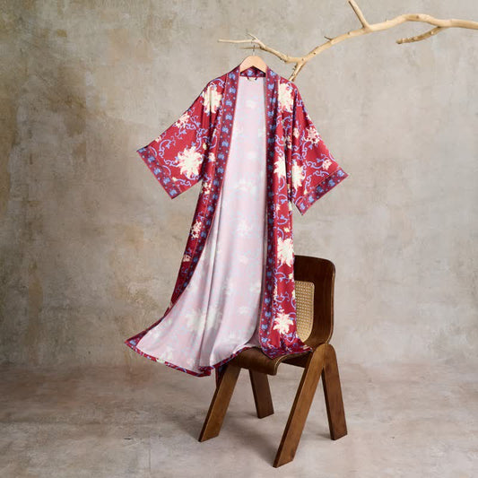 Ownkoti Retro Floral Kimono Style Bathrobe - Red - One Size - image 0