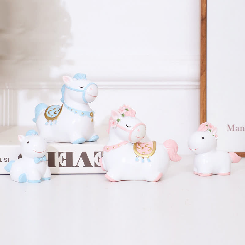 Ownkoti Cute Pony Resin Decorative Ornament - Pink + Blue - 4PCS - 1.85"W x 3.31"L x 2.83"H & 1.10"W x 2.36"L x 2.12"H - image 0