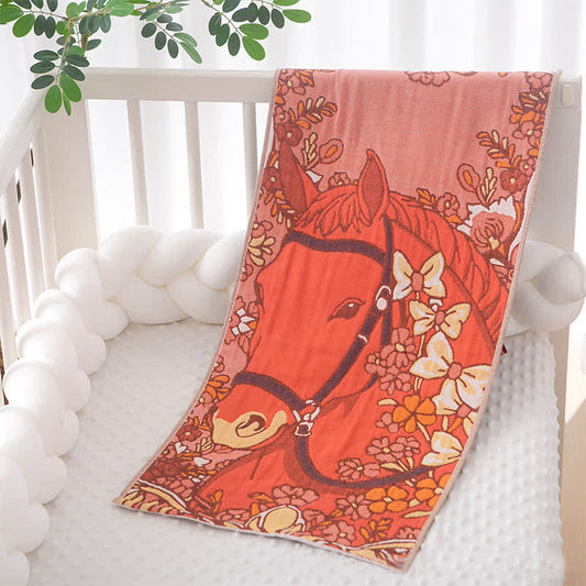 Ownkoti Oriental Horse Floral Cotton Gauze Towel - Orange - 14"W x 29"L - image 0