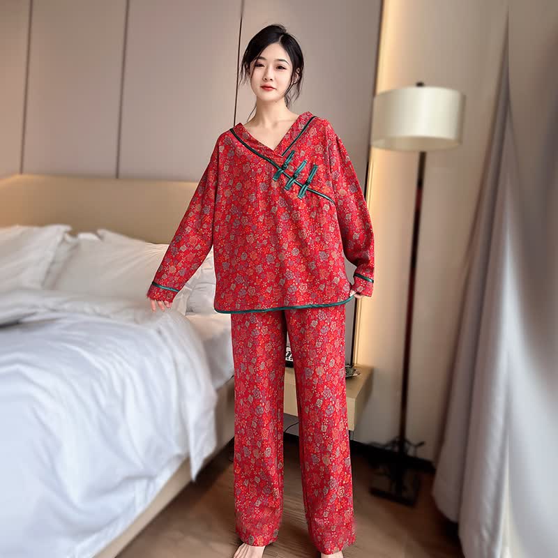 Ownkoti Plus Size Frog Button Rose Cotton Pajama Set - Red - 4XL - image 0