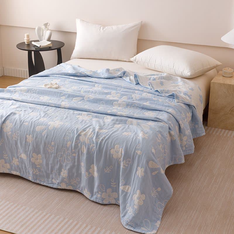 Ownkoti Elegant Floral Jacquard Cotton 3-Layer Gauze Quilt - Blue - Queen - image 6