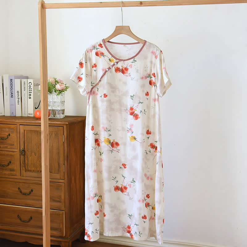 Ownkoti Oriental Style Pomegranate Short Sleeve Nightgown - Beige - XL - image 0