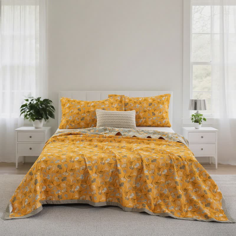 Ownkoti Ginkgo Biloba Organic Cotton Quilt - Bright Yellow - Quilt with 2PCS Pillowcases - Cal King - image 56