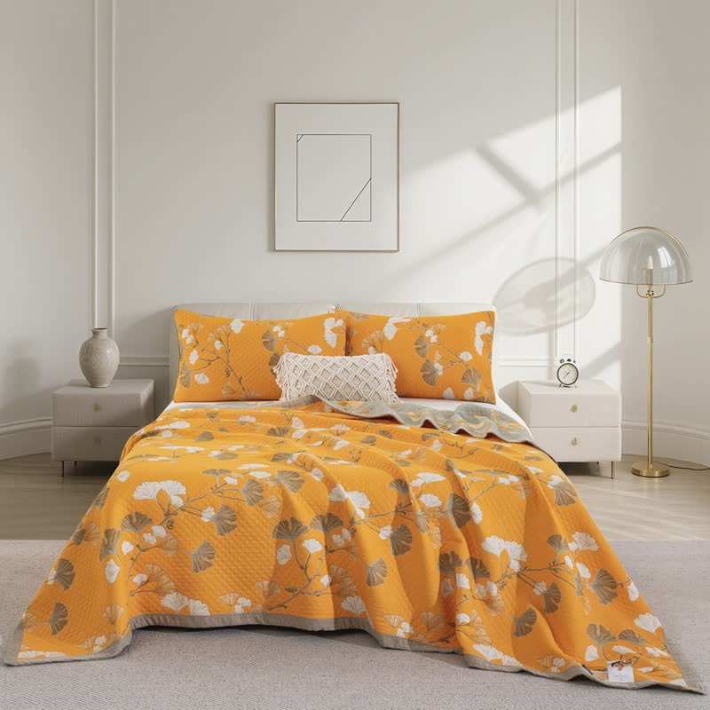 Ownkoti Ginkgo Leaf Organic Cotton Reversible Quilt - Orange - Quilt with 2PCS Pillowcases - Cal King - image 51