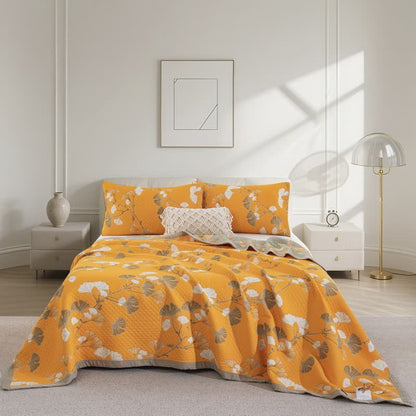 Ownkoti Ginkgo Leaf Organic Cotton Reversible Quilt - Orange - Quilt with 2PCS Pillowcases - Cal King - image 51