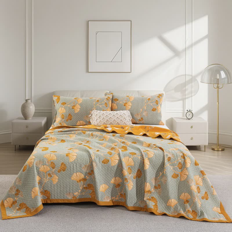 Ownkoti Ginkgo Leaf Organic Cotton Reversible Quilt - Grey - Quilt with 2PCS Pillowcases - Cal King - image 61