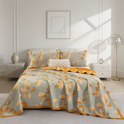 Ownkoti Ginkgo Leaf Organic Cotton Reversible Quilt - Grey - Quilt with 2PCS Pillowcases - Cal King - image 61