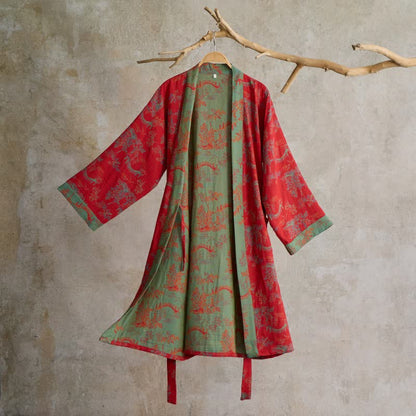 Ownkoti Oriental Bridge & Tree Cotton Kimono Robe - Red - L - image 0