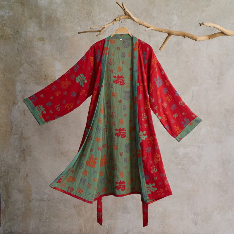 Ownkoti Auspicious Pattern Cotton Gauze Kimono Robe - Red - XL - image 0