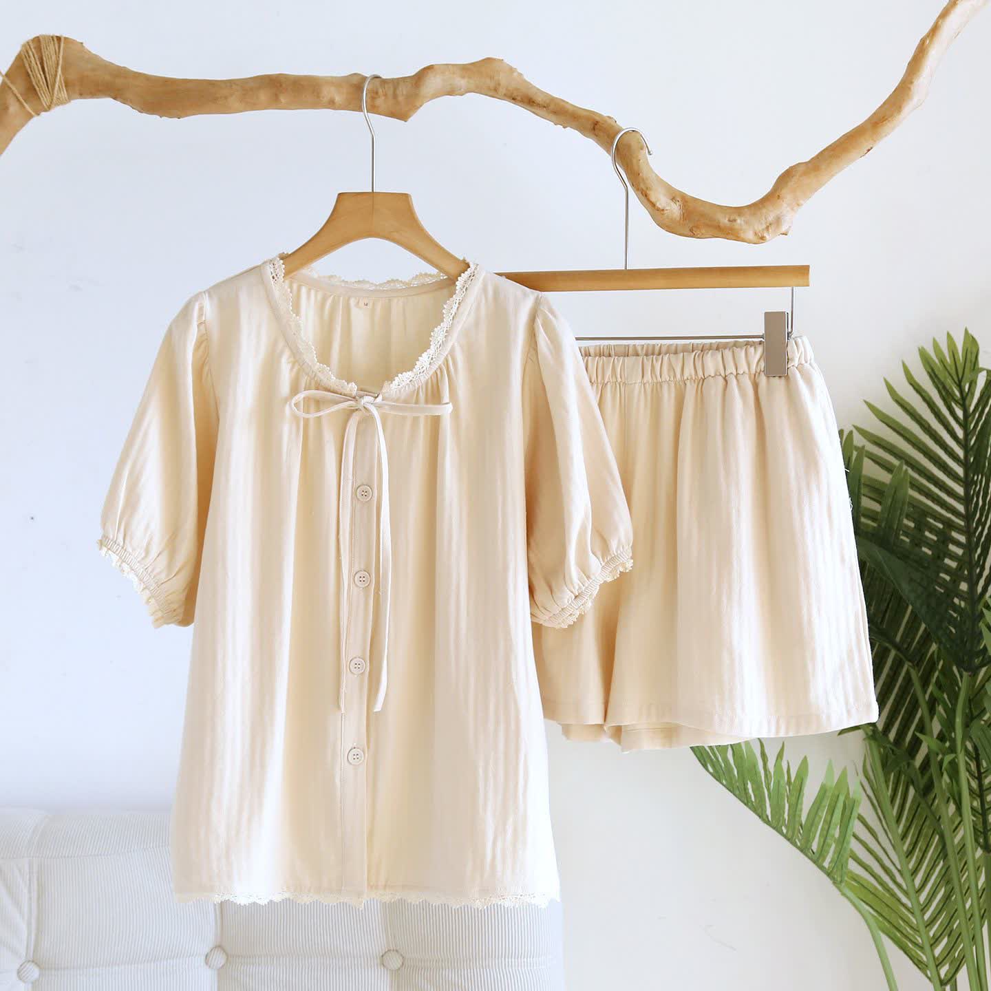 Ownkoti Solid Color Lace-trimmed Short Pajama Set - Beige - XL - image 3