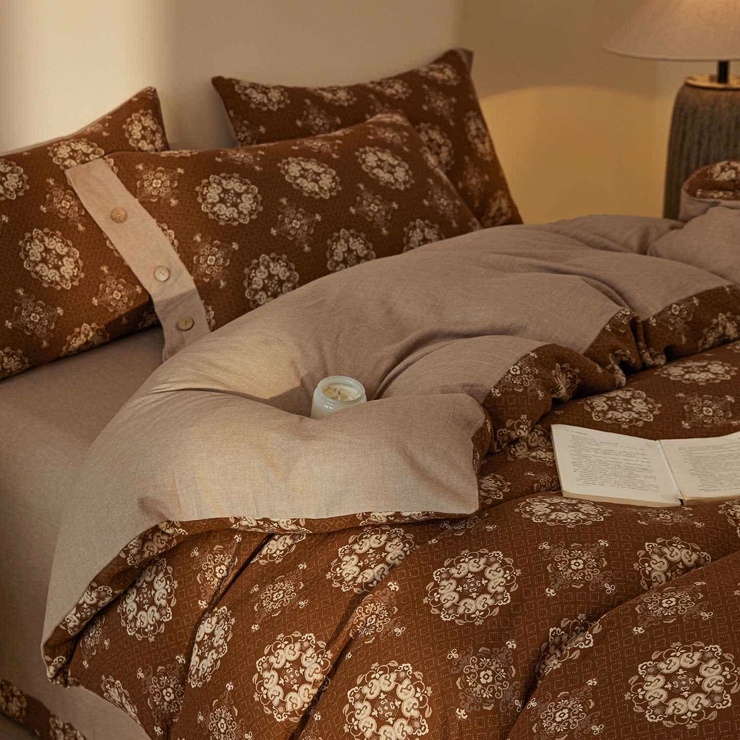 Ownkoti Vintage Geometric Cotton Double Gauze Bedding Set(4PCS) - Coffee - King - image 9