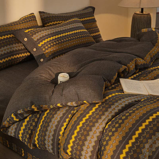 Ownkoti Wavy Stripe Cotton Double Gauze Bedding Set(4PCS) - Yellow - King - image 0